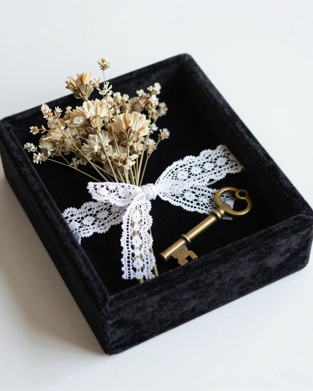 Black velvet keepsake box holds dried flowers, lace ribbon, and an old brass key on a plain light background.