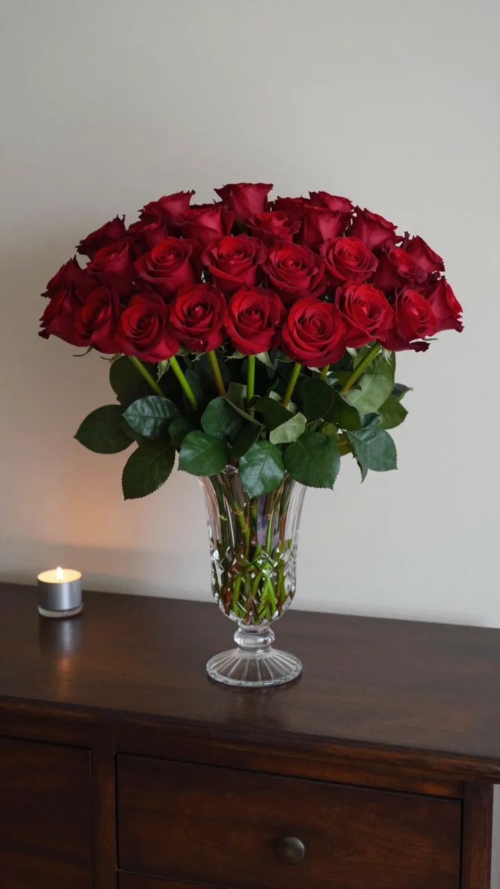 Large bouquet of deep red roses in a cut crystal vase next to a lit tealight candle on a dark wood sideboard