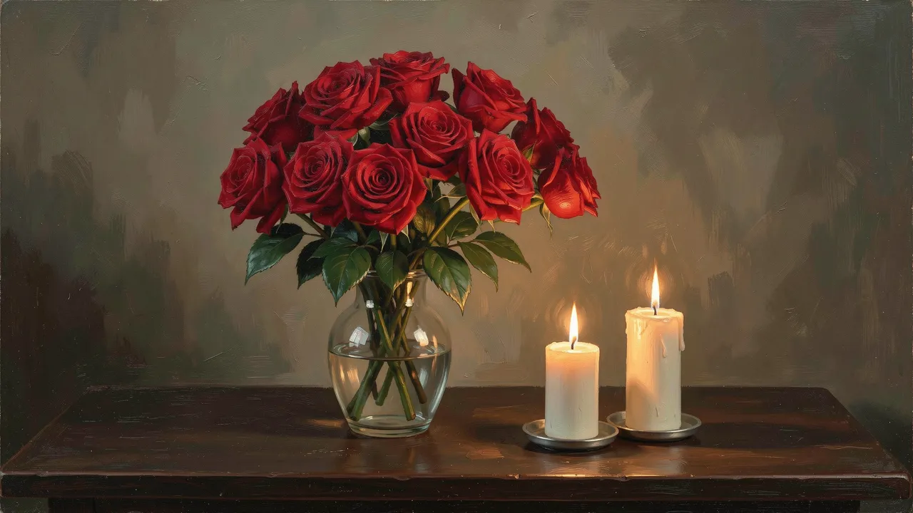 Oil painting of a glass vase of red roses beside two lit candles on a dark wooden table.