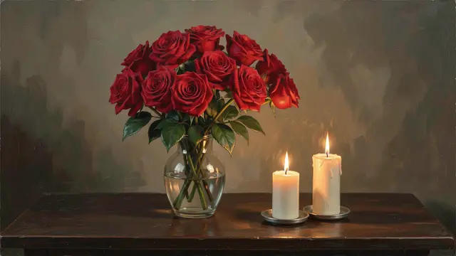 Oil painting of a glass vase of red roses beside two lit candles on a dark wooden table.
