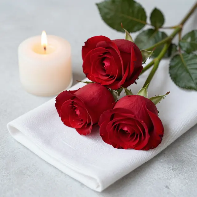 Red roses rest on a folded white linen napkin beside a small lit pillar candle on a light gray tabletop