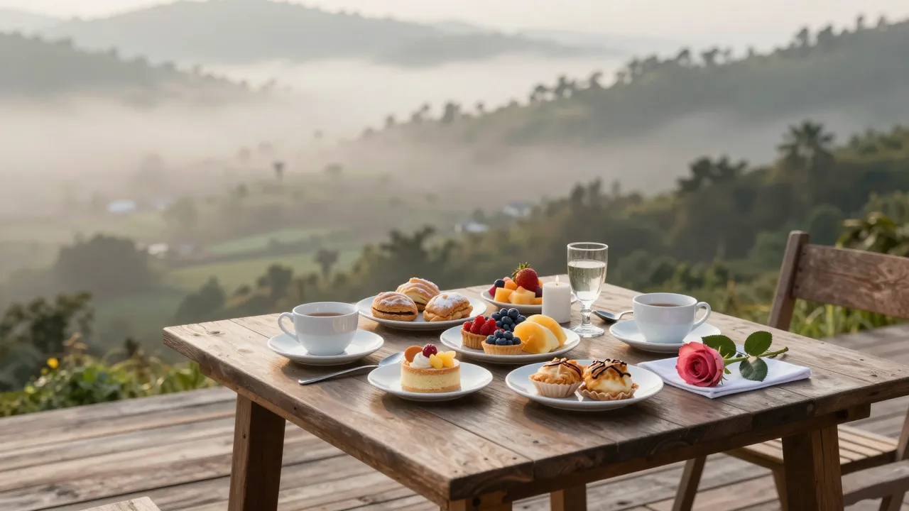 A wooden deck table set with pastries, fruit, coffee and a rose overlooks a misty valley at sunrise