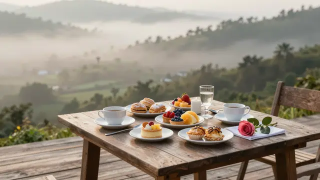 A wooden deck table set with pastries, fruit, coffee and a rose overlooks a misty valley at sunrise