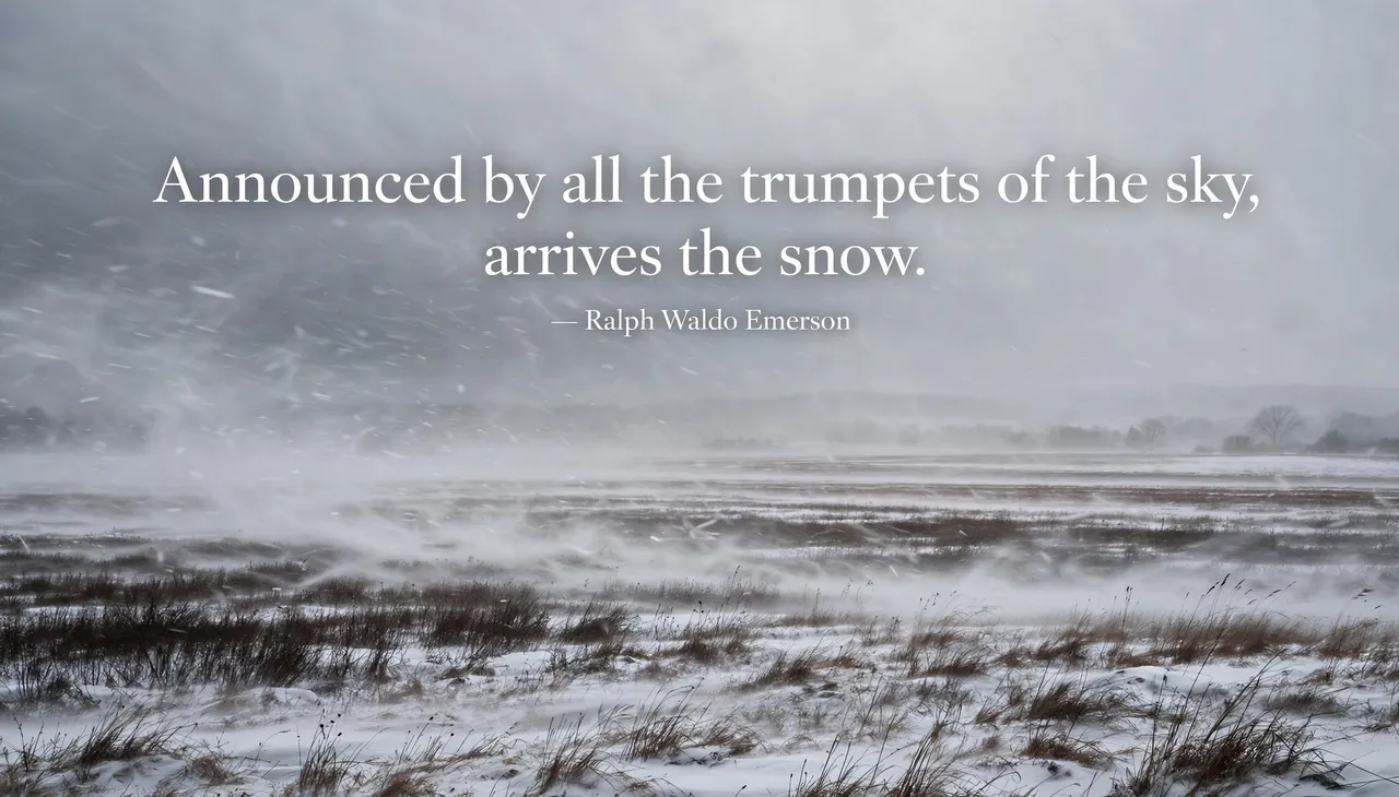 A blizzard over winter fields displays the quote "Announced by all the trumpets of the sky, arrives the snow" by Ralph Waldo