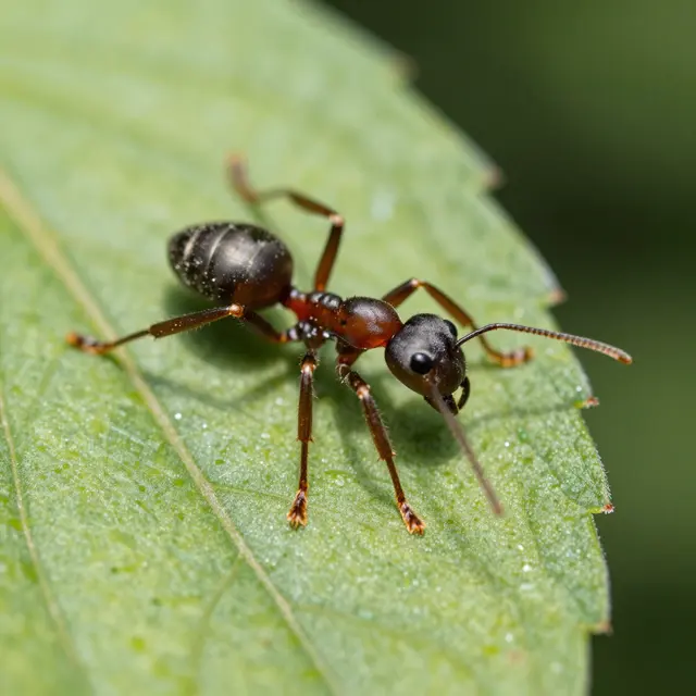 Close-up macro shot of a dark brown and black ant standing on a dewy green leaf