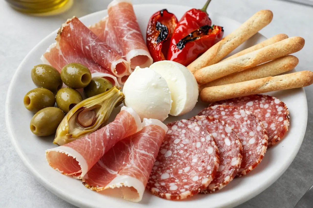Overhead view of a white plate holding cured meats, mozzarella, olives, roasted peppers, artichoke and breadsticks on a