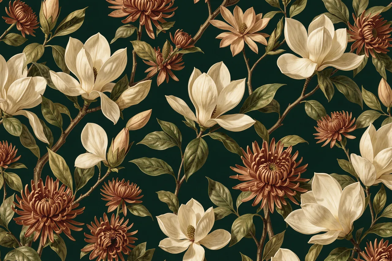 Vintage cream magnolias and rust chrysanthemums arranged on a deep forest green background