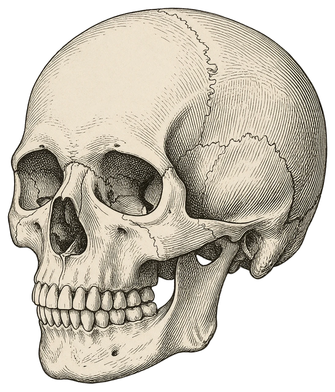 Fine cross-hatched nineteenth century engraving of a human skull turned three-quarters to the left