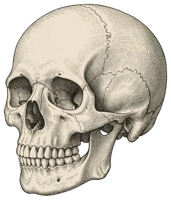 Fine cross-hatched nineteenth century engraving of a human skull turned three-quarters to the left
