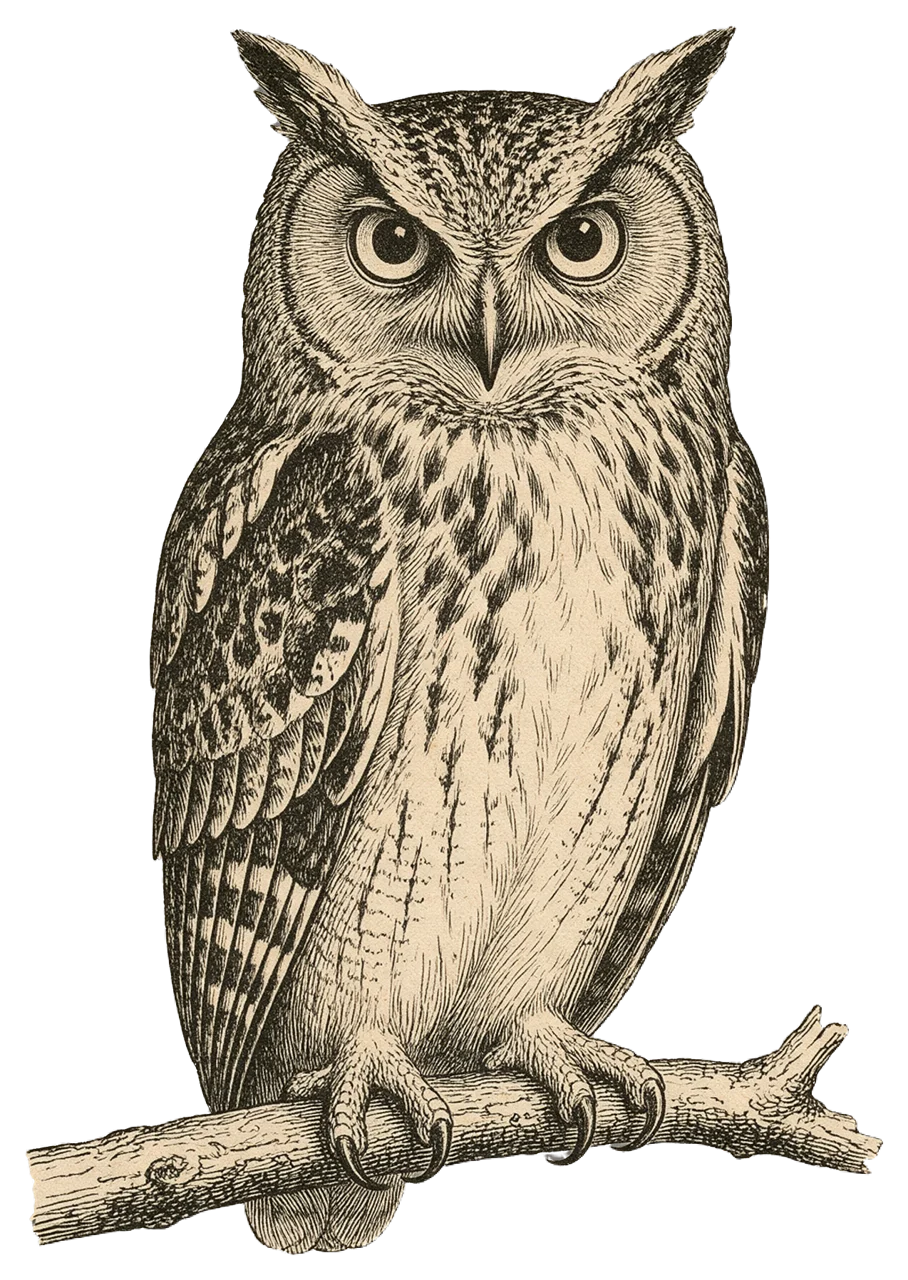 A finely detailed nineteenth century style engraved owl perched on a bare branch facing forward