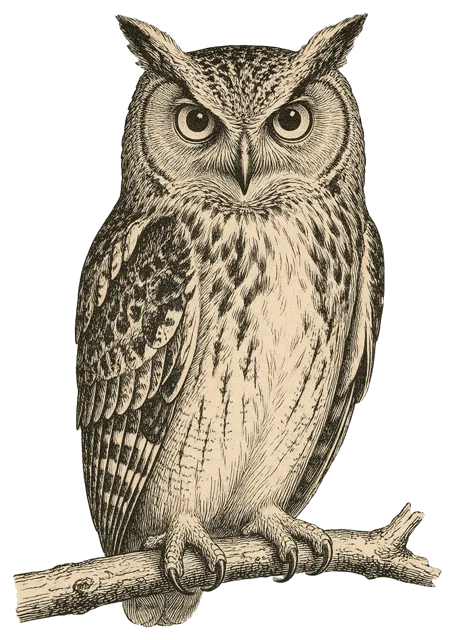 A finely detailed nineteenth century style engraved owl perched on a bare branch facing forward