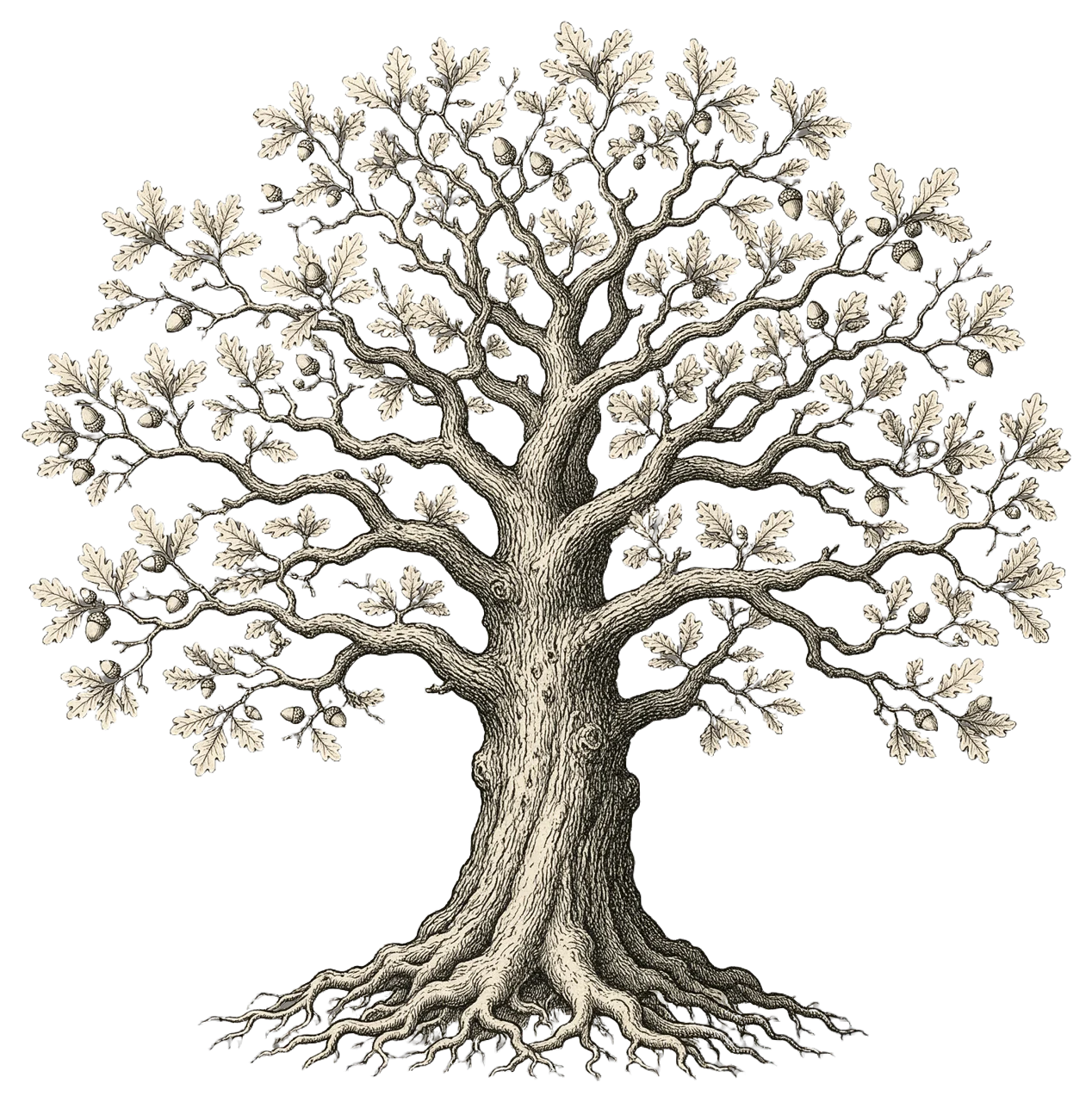Vintage engraved illustration of a gnarled old oak tree with leaves and acorns