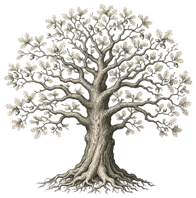 Vintage engraved illustration of a gnarled old oak tree with leaves and acorns