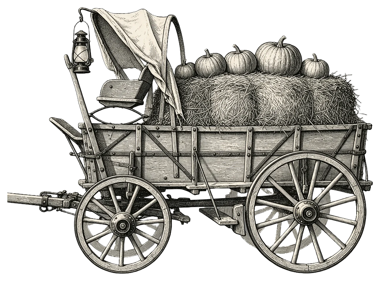 Antique engraving style wooden farm wagon loaded with hay, pumpkins, and a hanging oil lantern