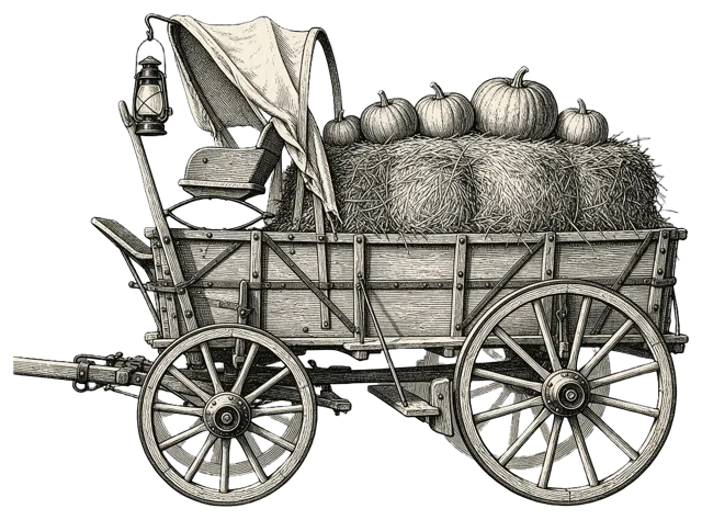 Antique engraving style wooden farm wagon loaded with hay, pumpkins, and a hanging oil lantern