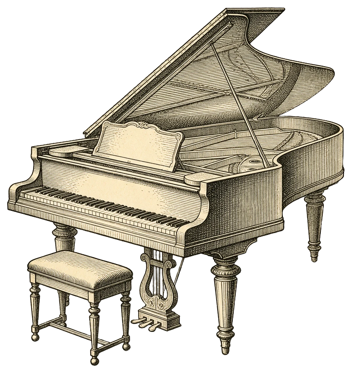 Vintage engraved illustration of an open grand piano with a padded bench beside it