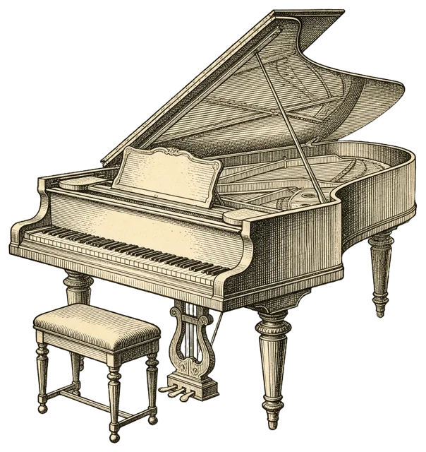 Vintage engraved illustration of an open grand piano with a padded bench beside it