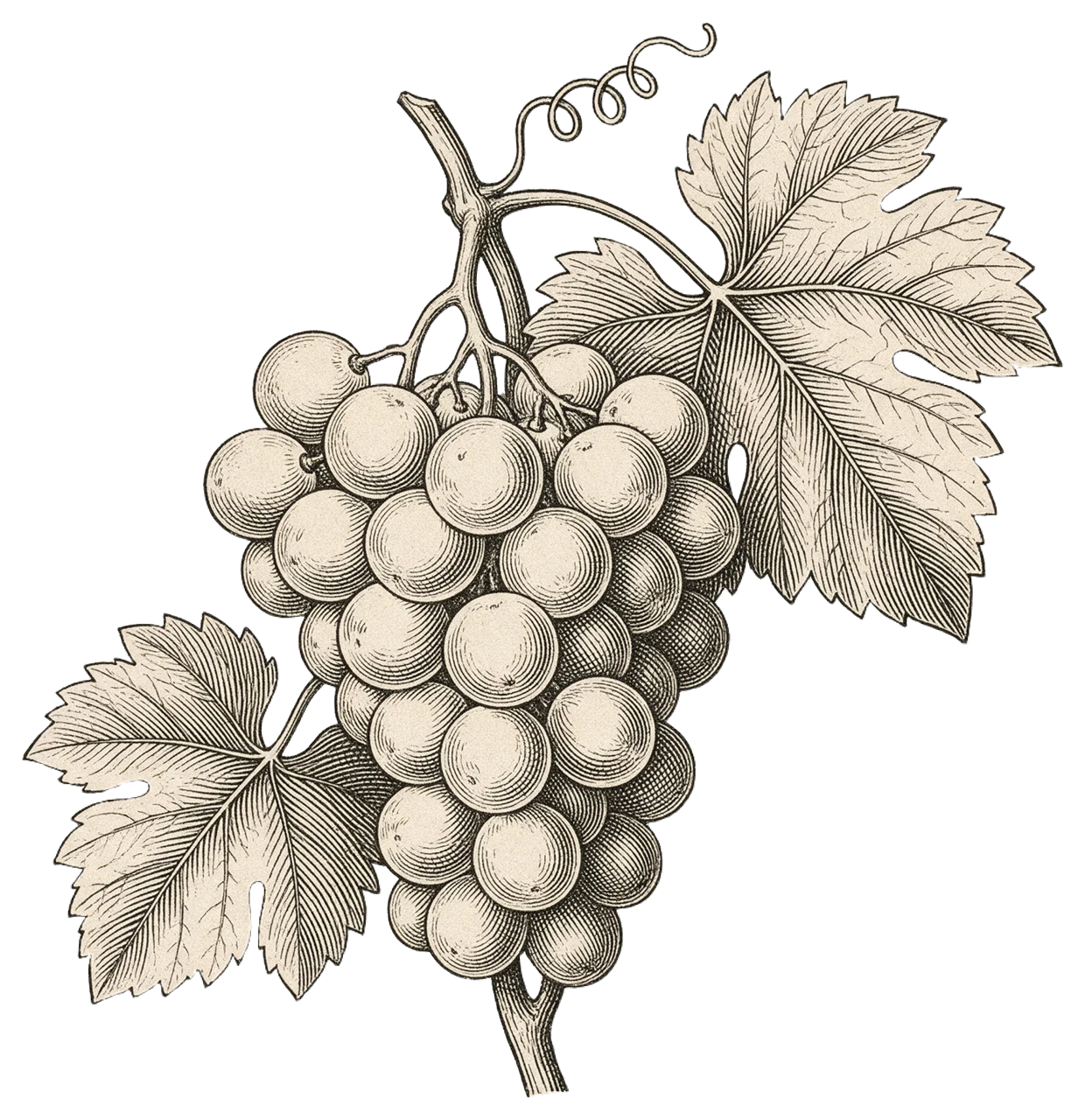 Vintage line engraving of a grape cluster attached to a twisted vine with two leaves and a curling tendril