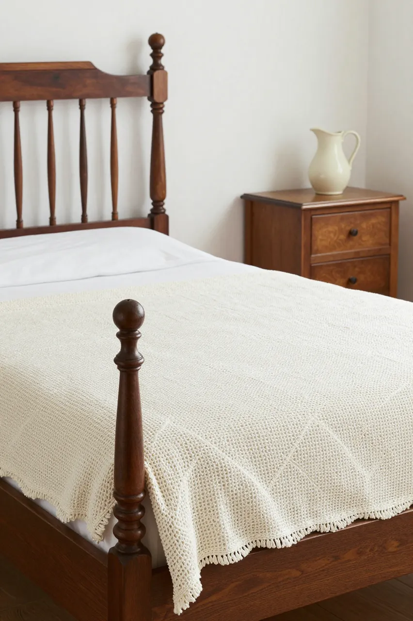 A wooden spindle guest bed with a crocheted coverlet sits next to a wooden nightstand holding a plain ceramic pitcher.