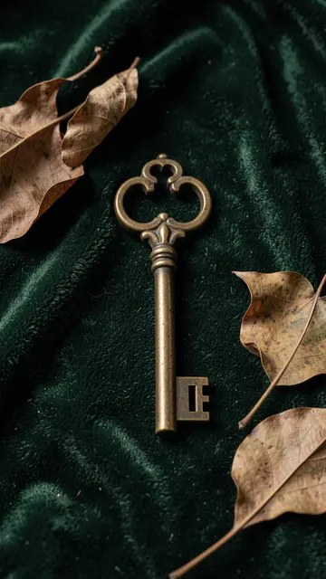 An ornate antique brass key rests on dark green velvet surrounded by dried brown leaves.