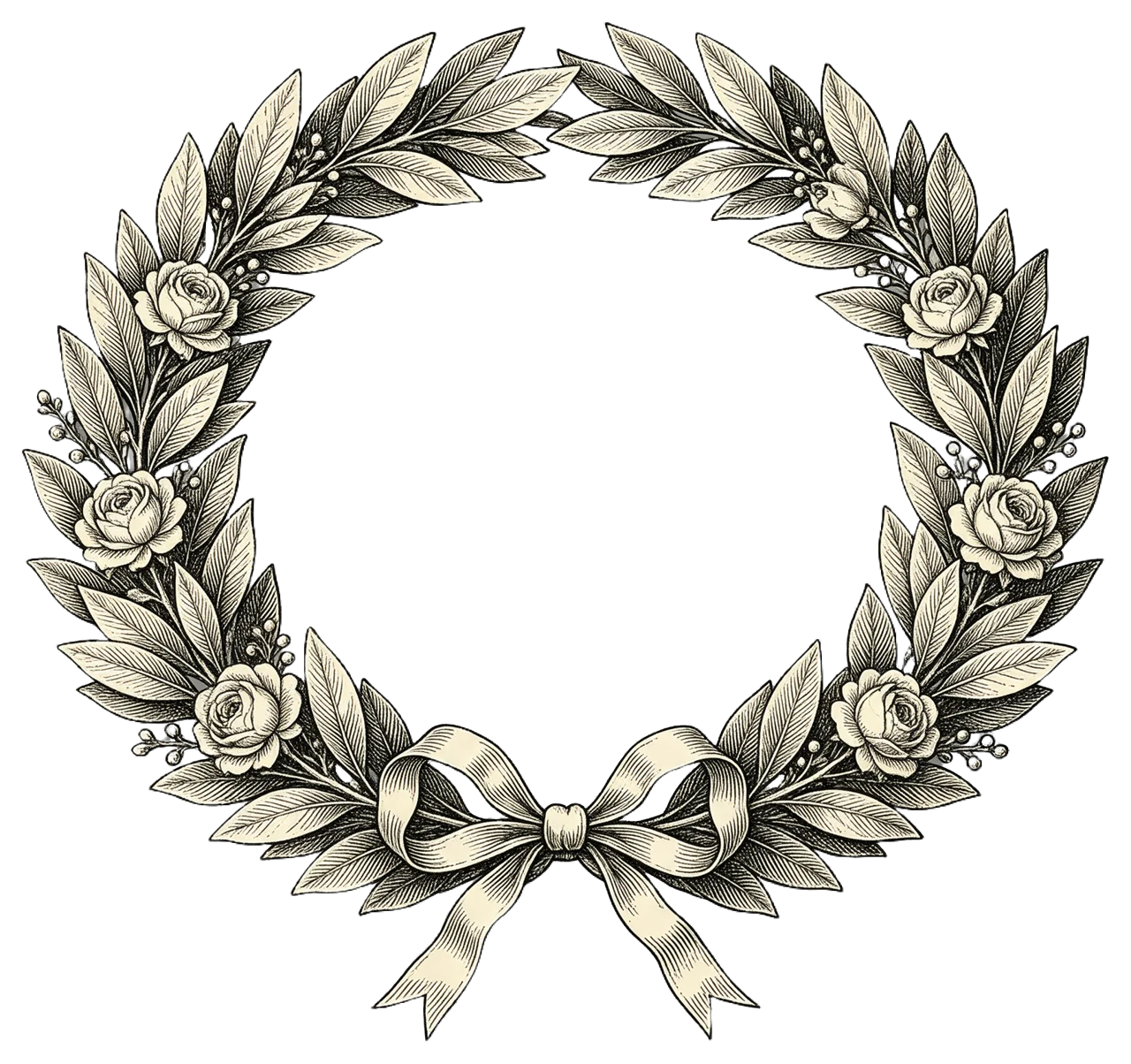 Vintage engraved oval wreath of laurel leaves and small roses tied with a ribbon bow at the bottom