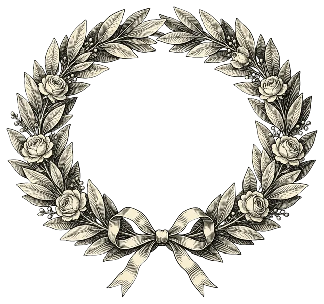 Vintage engraved oval wreath of laurel leaves and small roses tied with a ribbon bow at the bottom