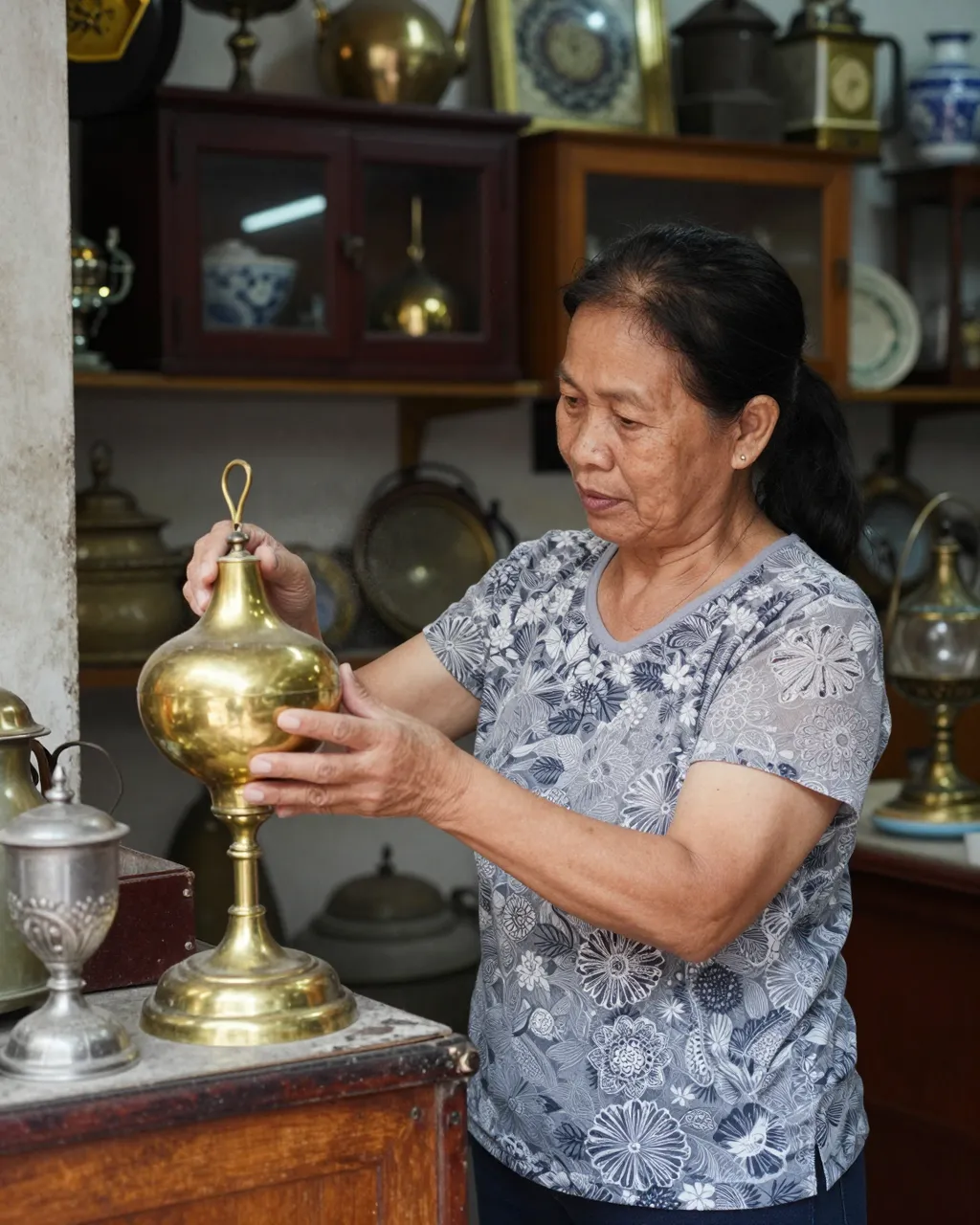Mature Southeast Asian shop owner examining a polished brass lamp in her antique store.