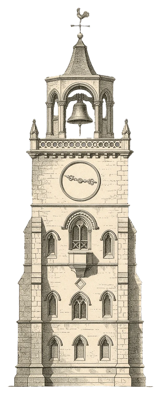 Nineteenth century engraved illustration of a tall stone clock tower with belfry and weathervane