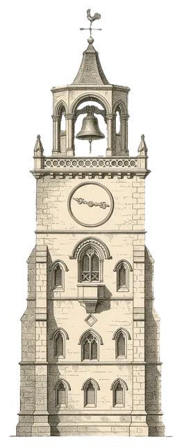 Nineteenth century engraved illustration of a tall stone clock tower with belfry and weathervane