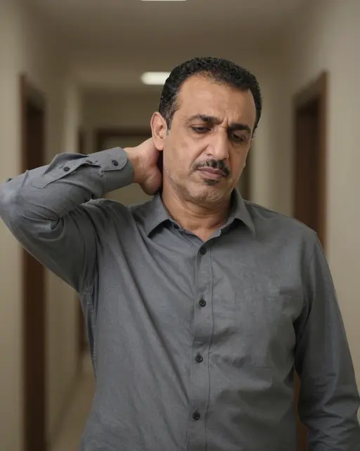 Middle Eastern man in his forties holds a hand to the back of his neck with a worried expression in a dim indoor hallway