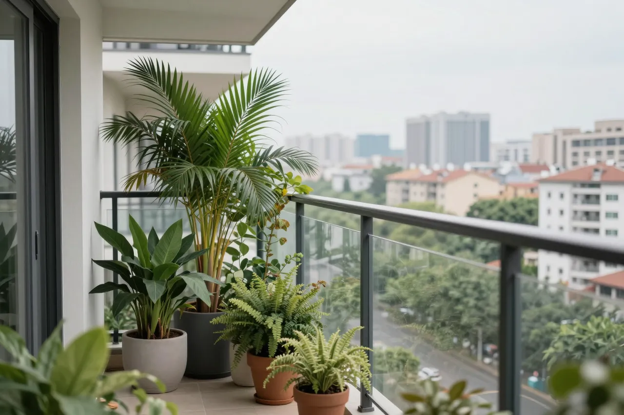 Lush potted houseplants line a modern apartment balcony overlooking a hazy city skyline.