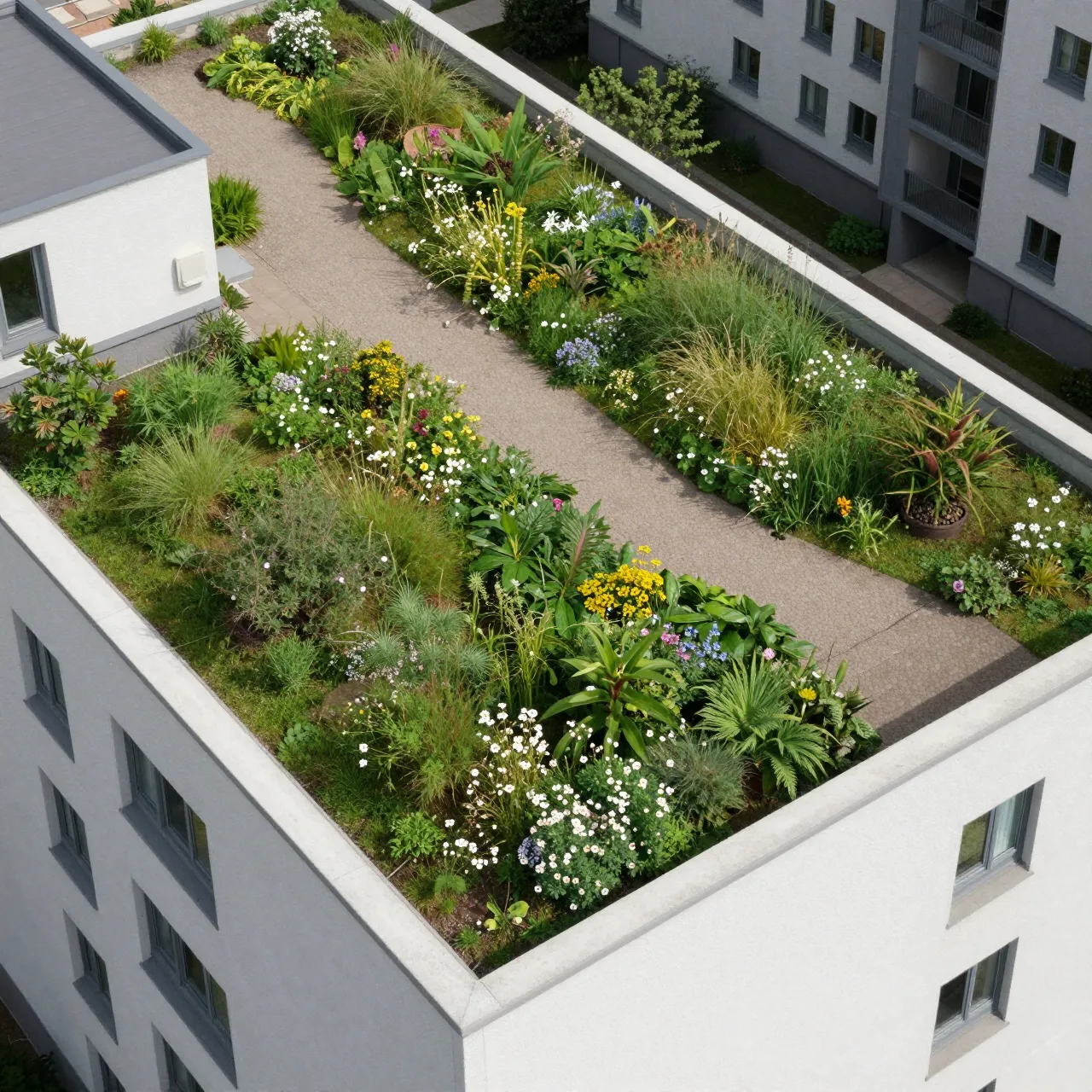Aerial view of a lush green roof garden with flowering plants and paved paths on an apartment building