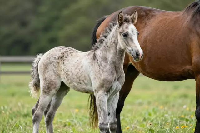 Spotted Appaloosa foal stands next to its partially visible brown mare in a grassy green paddock.