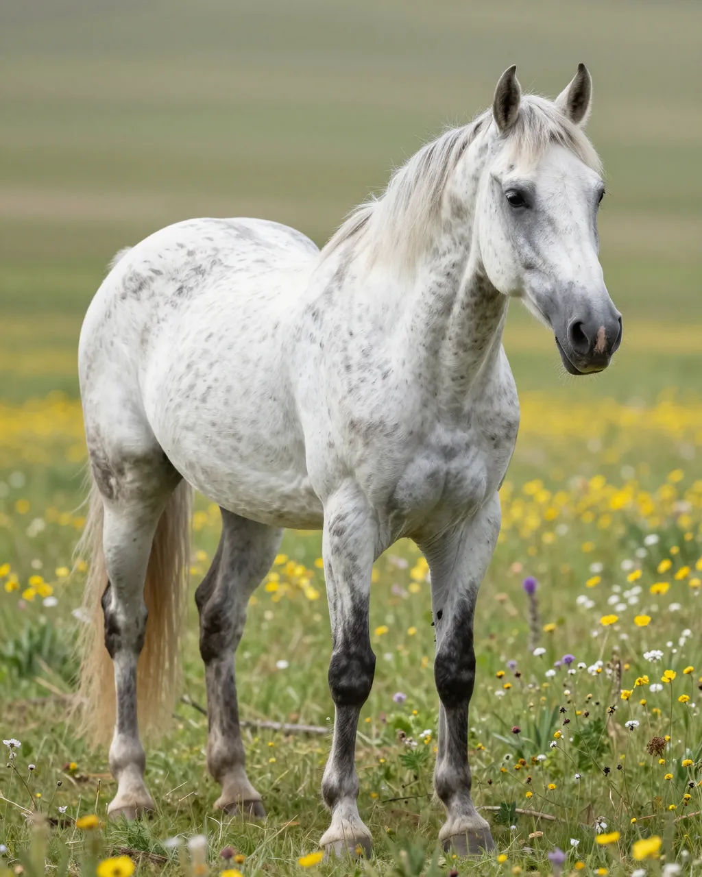 A spotted white Appaloosa horse stands calmly in a sunlit field of colorful wildflowers.