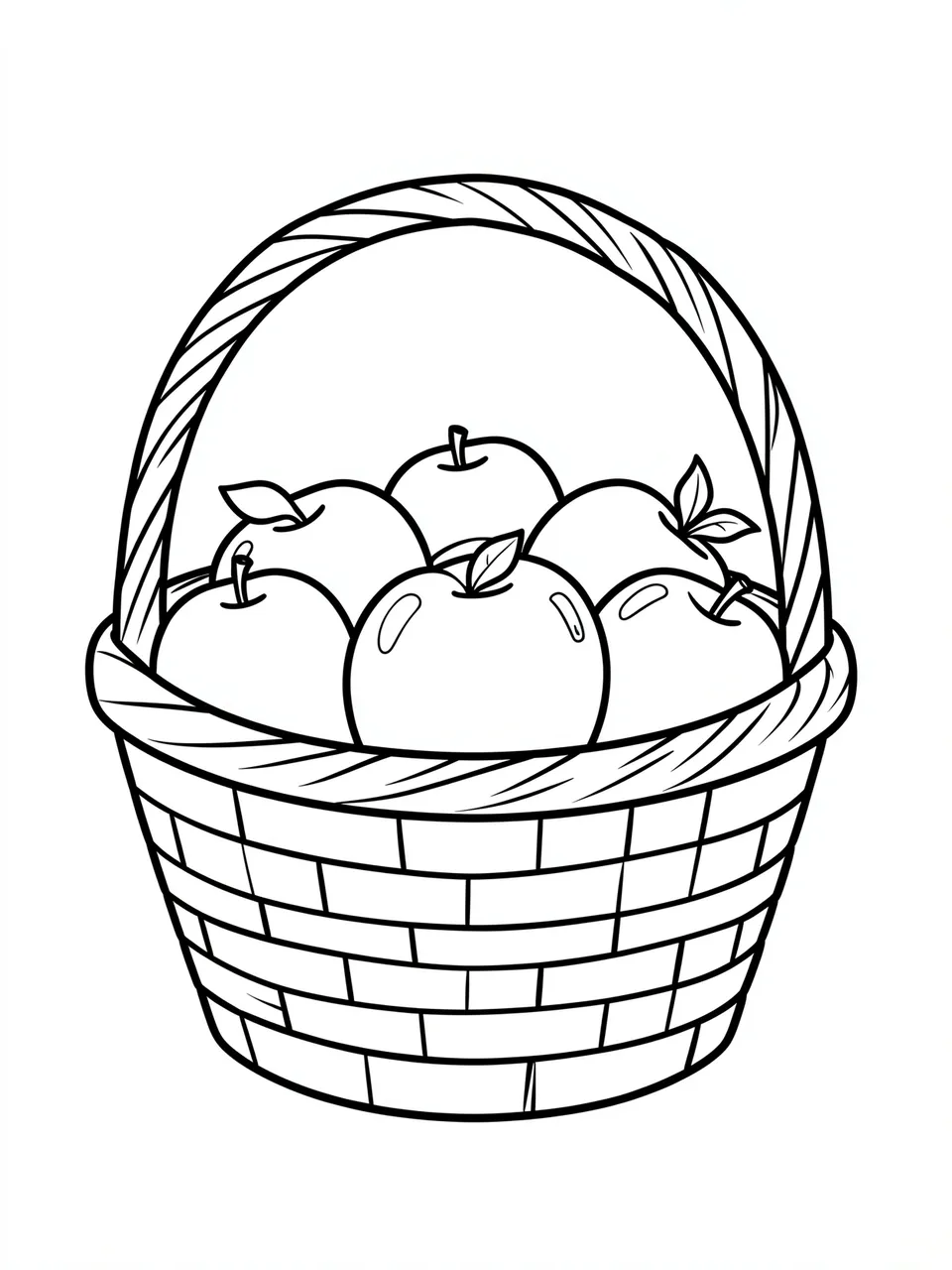 Bold black and white line art of a woven basket filled with apples on a plain white background