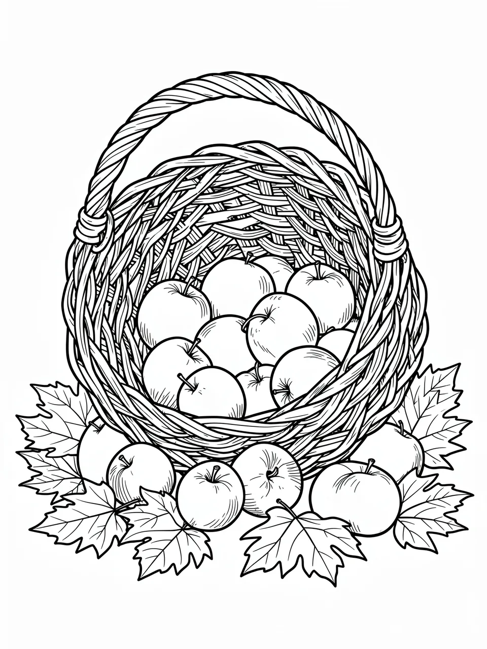 Black and white line art of a wicker apple basket surrounded by maple leaves on a white background