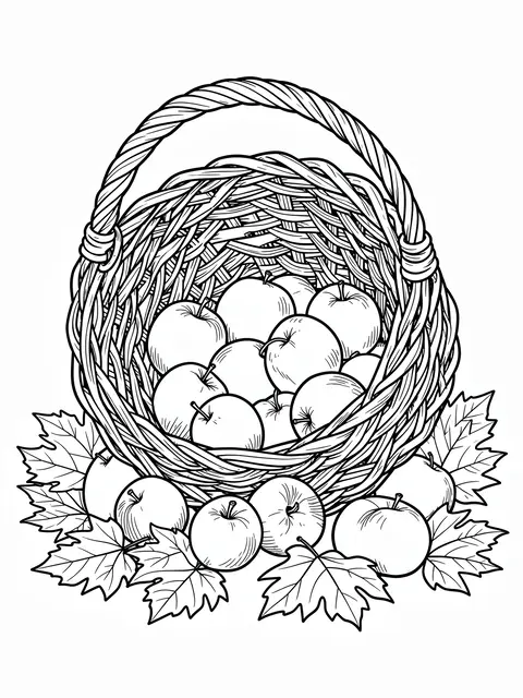 Black and white line art of a wicker apple basket surrounded by maple leaves on a white background