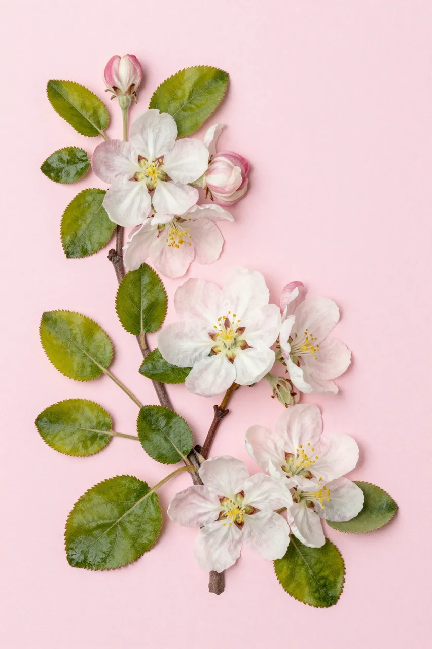 Overhead flat lay of apple blossom branch with green leaves arranged on pale pink paper