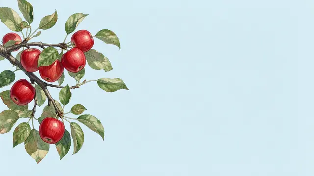 A watercolor apple branch with red apples and green leaves extends from the left against empty pale blue copy space
