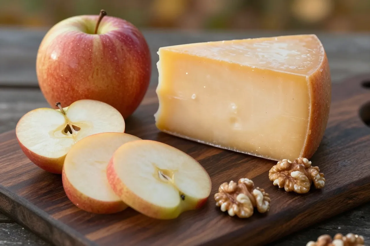 Sliced and whole apples, aged cheddar, and walnuts arranged on a dark wooden serving board.