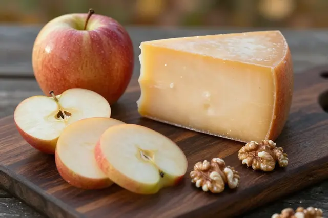Sliced and whole apples, aged cheddar, and walnuts arranged on a dark wooden serving board.