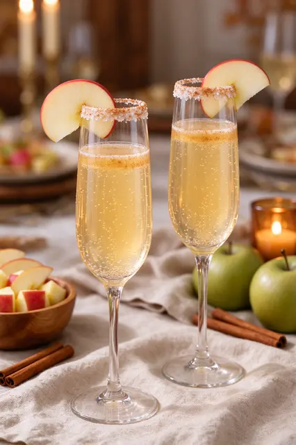 Two cinnamon sugar rimmed apple cider mimosas sit on a linen fall brunch table with apples and cinnamon sticks