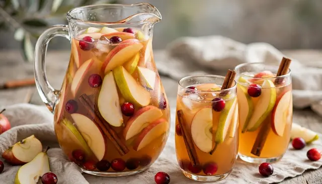 Glass pitcher and two glasses of apple cider sangria with fruit, cinnamon and cranberries on a linen-covered wooden table