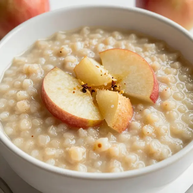Creamy porridge topped with fresh apple slices sits in a white ceramic bowl with whole apples blurred in the background