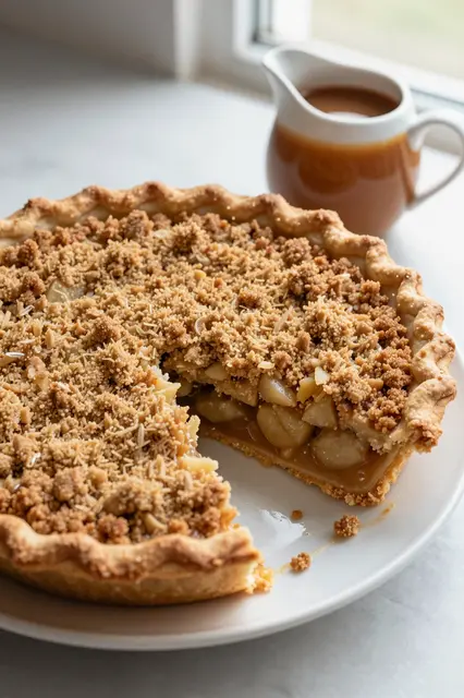 Apple crumb pie with a cut wedge sits on a plate next to a small caramel pitcher by a sunlit window.