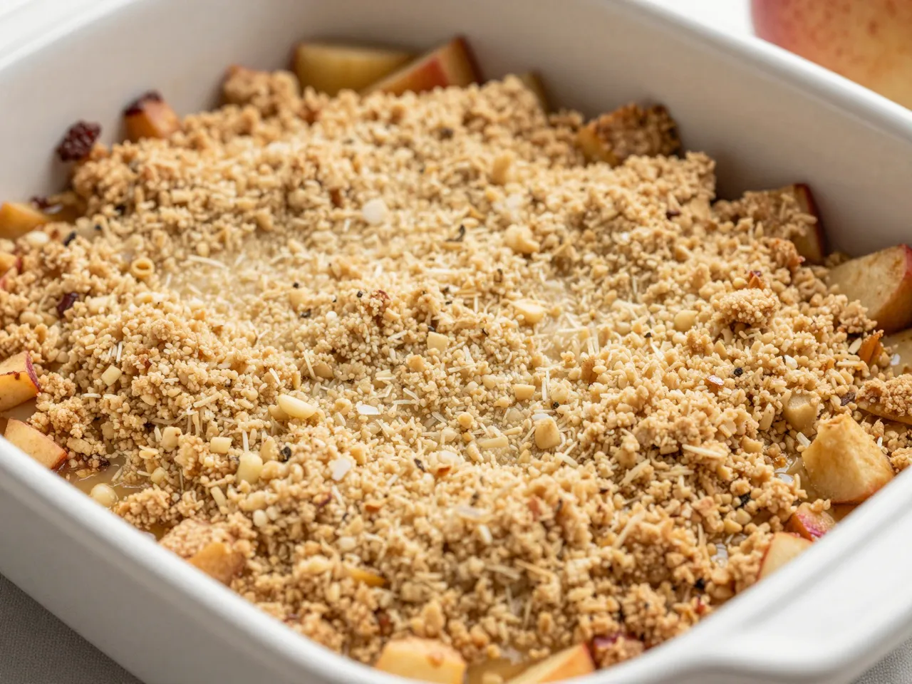 Close-up of a baked apple crumble with a crunchy topping in a white square ceramic baking dish
