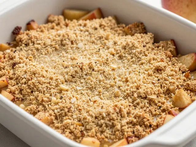 Close-up of a baked apple crumble with a crunchy topping in a white square ceramic baking dish