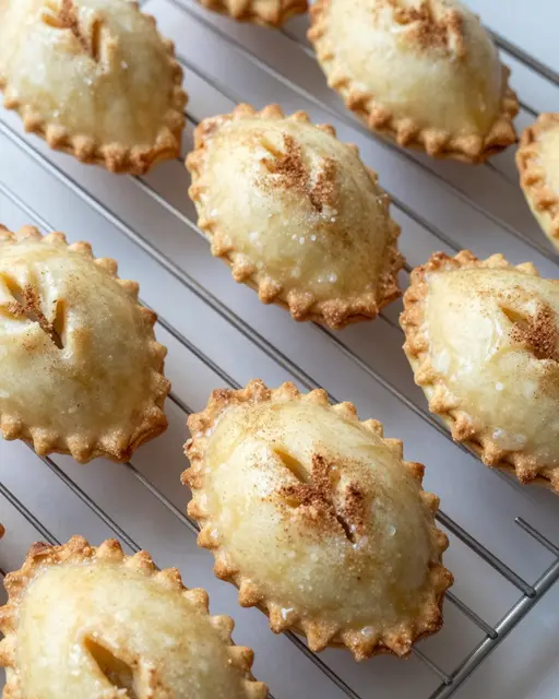 Overhead close-up of crimped apple hand pies dusted with cinnamon arranged on a metal wire cooling rack.