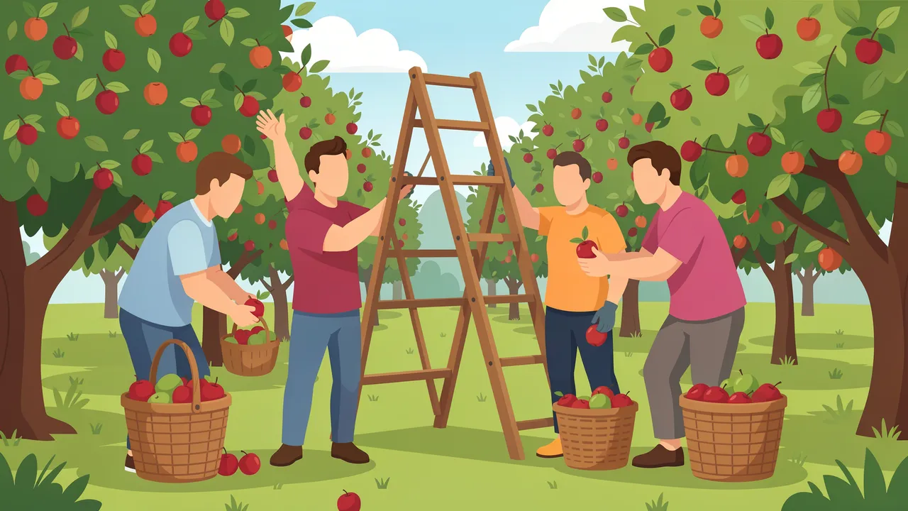 Faceless adult workers pick apples into wicker baskets next to a wooden ladder in a sunny fruit orchard