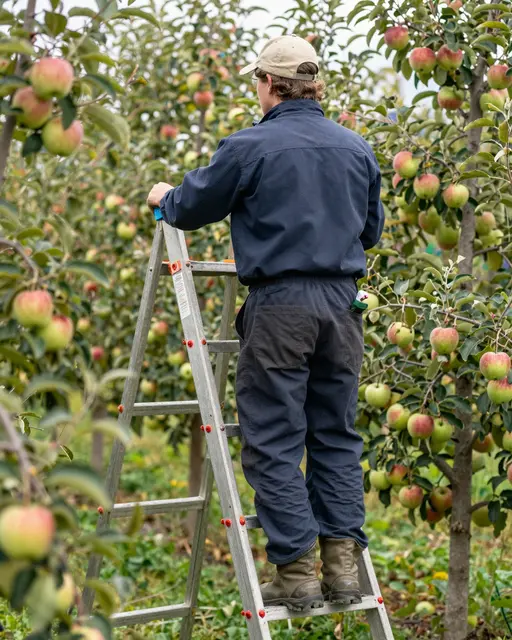 Rear view of an apple picker standing on a metal ladder between fruit-laden orchard trees at harvest time.
